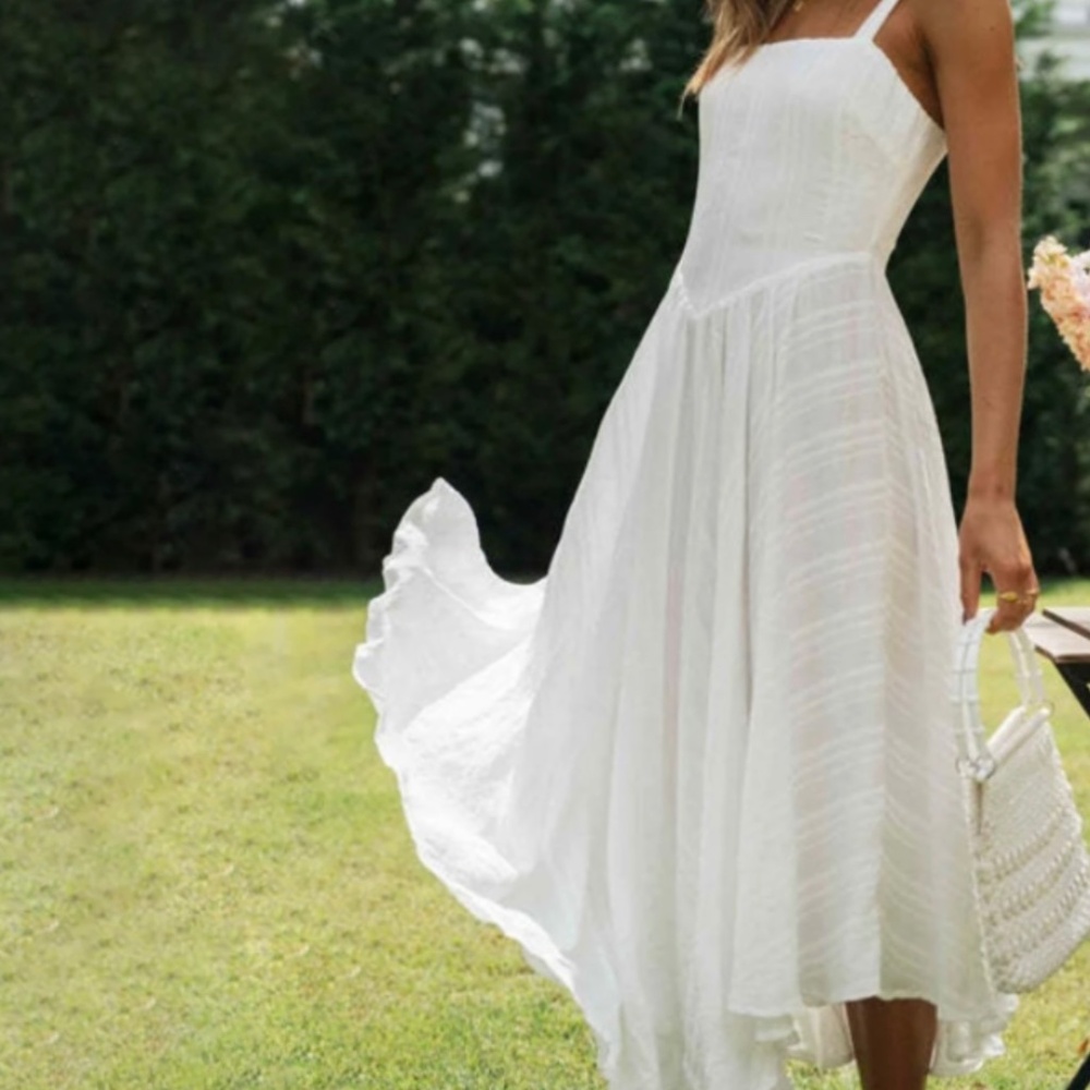 Romantic white midi summer dress cotton handkerchief hem spaghetti straps